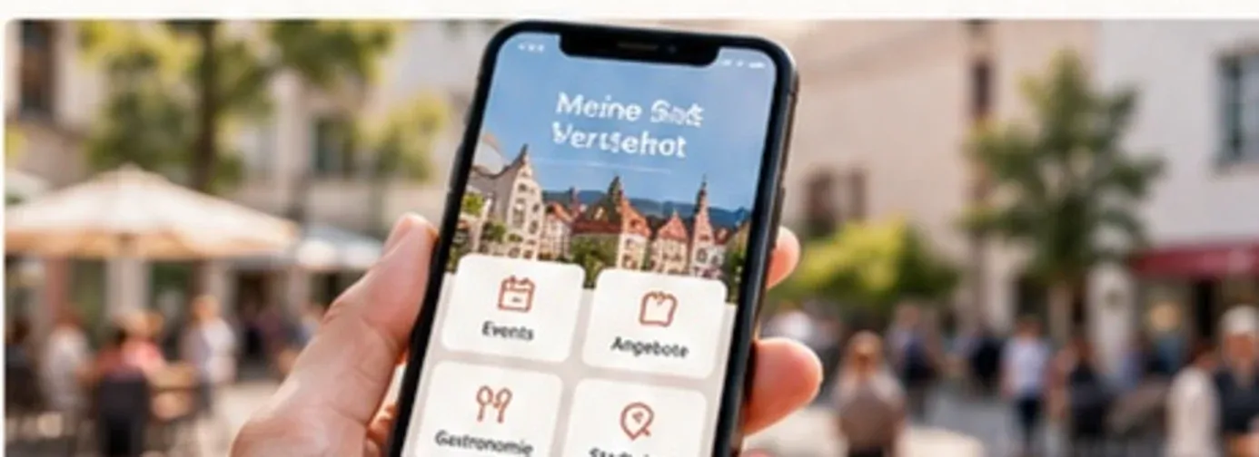 Smartphone mit Stadt-App als Beispiel für digitales Stadtmarketing