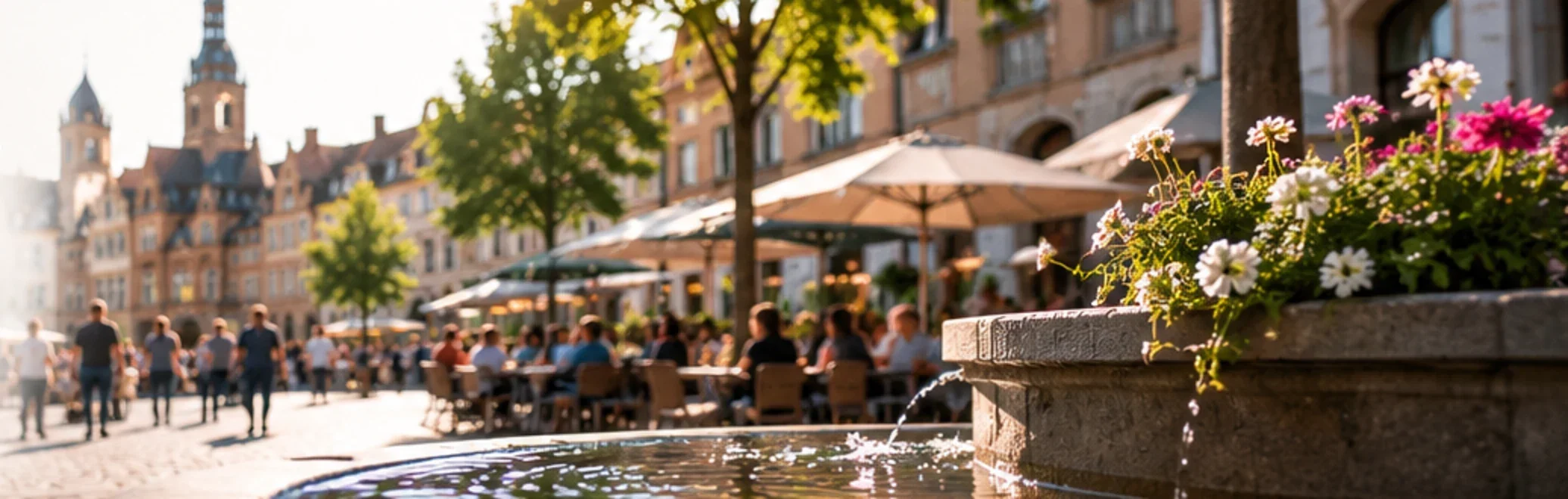 Belebte europäische Innenstadt mit Außengastronomie, Fußgängern und historischer Architektur